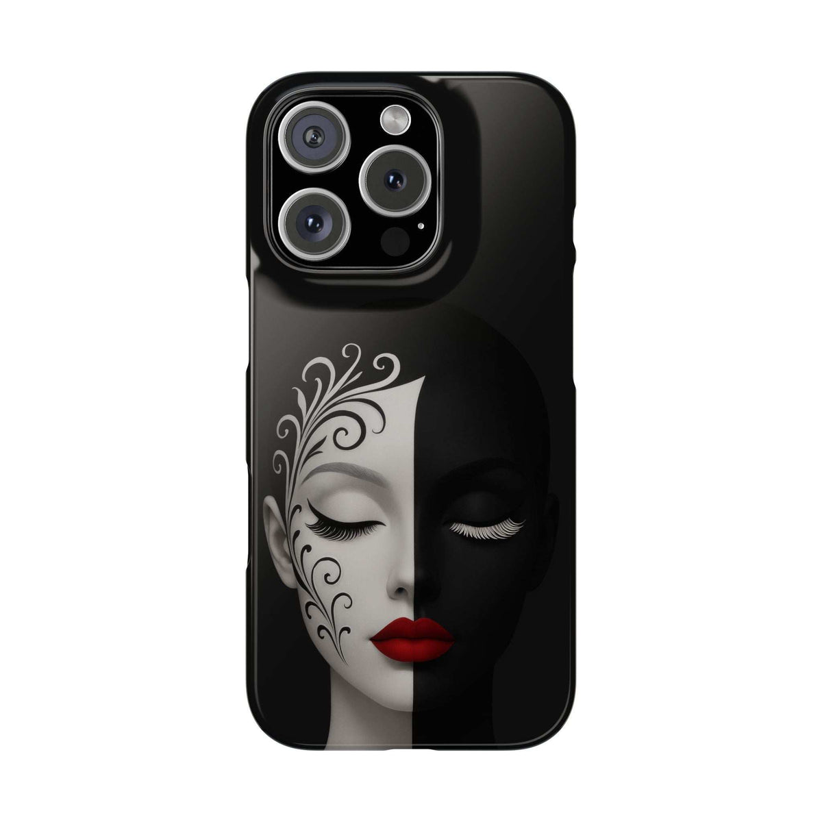 Black phone case with split-face illustration, closed eyes, red lips, and ornate vine swirls