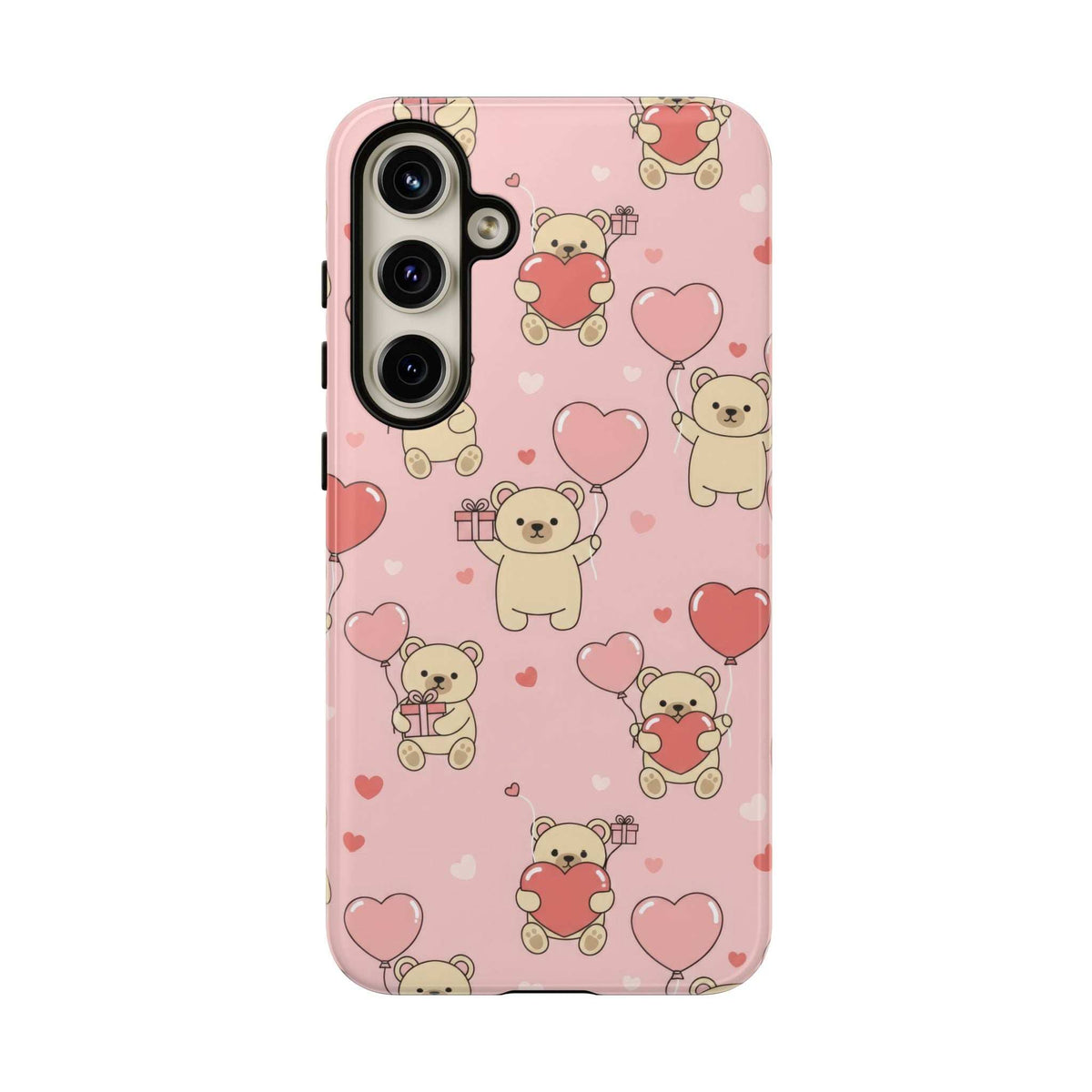 Pink phone case with teddy bears and hearts pattern; back view with vertical camera cutout