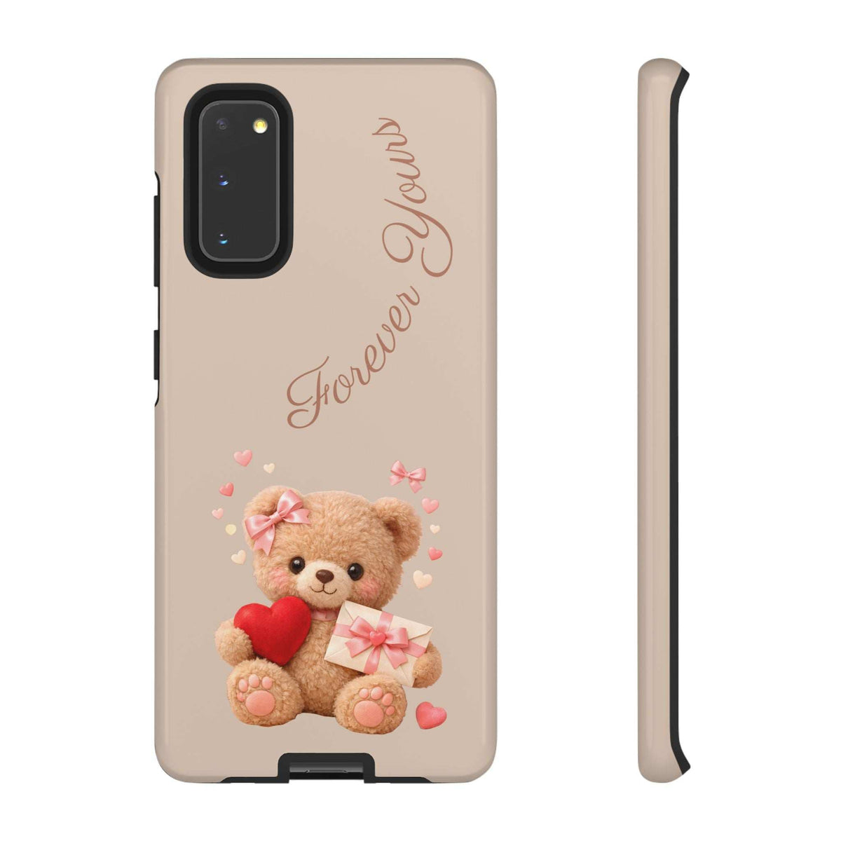 Beige phone case front view with teddy bear, red heart, and pink gift graphic