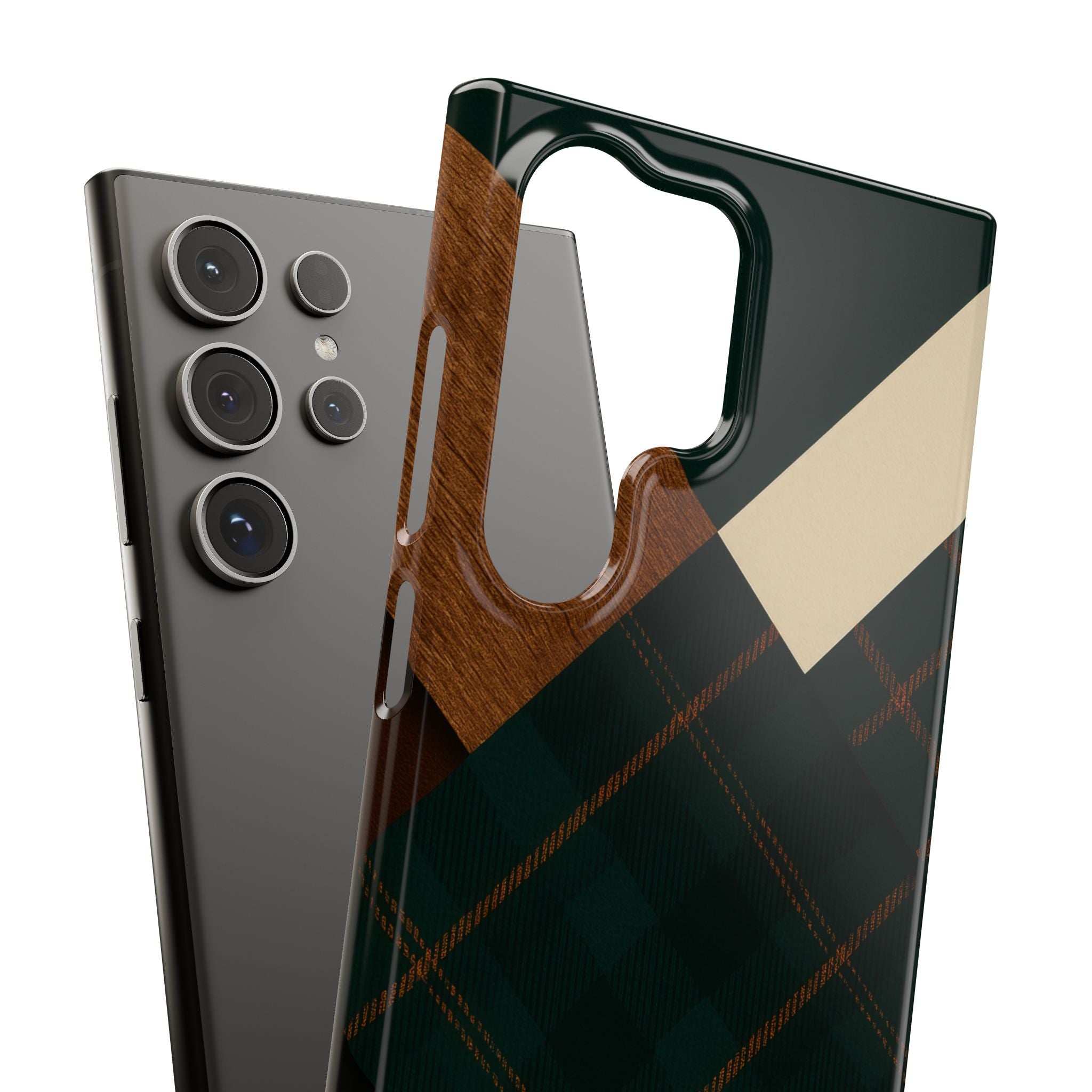 Phone case with wood-look grip, dark green plaid and beige geometric corner