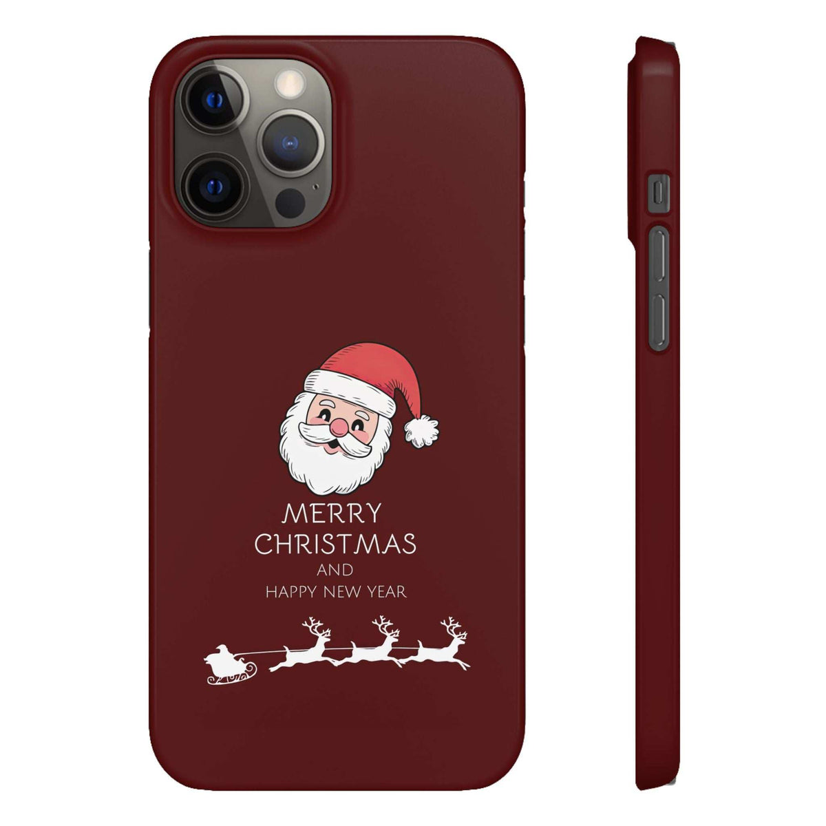 Maroon glossy phone case showing Santa, “MERRY CHRISTMAS,” and reindeer sleigh line art
