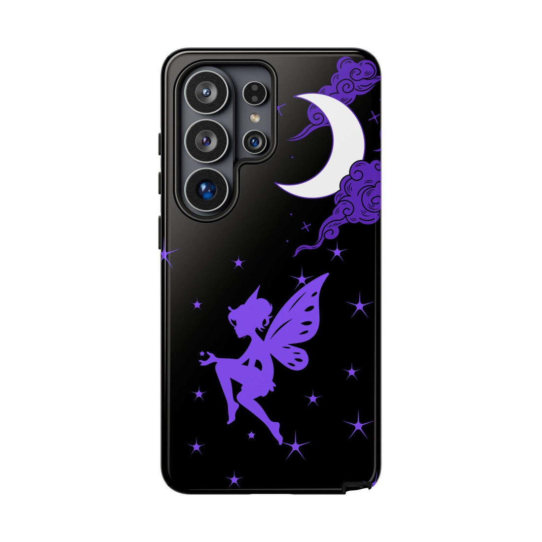 Black phone case with purple fairy, moon, and stars; cutouts for camera and flash
