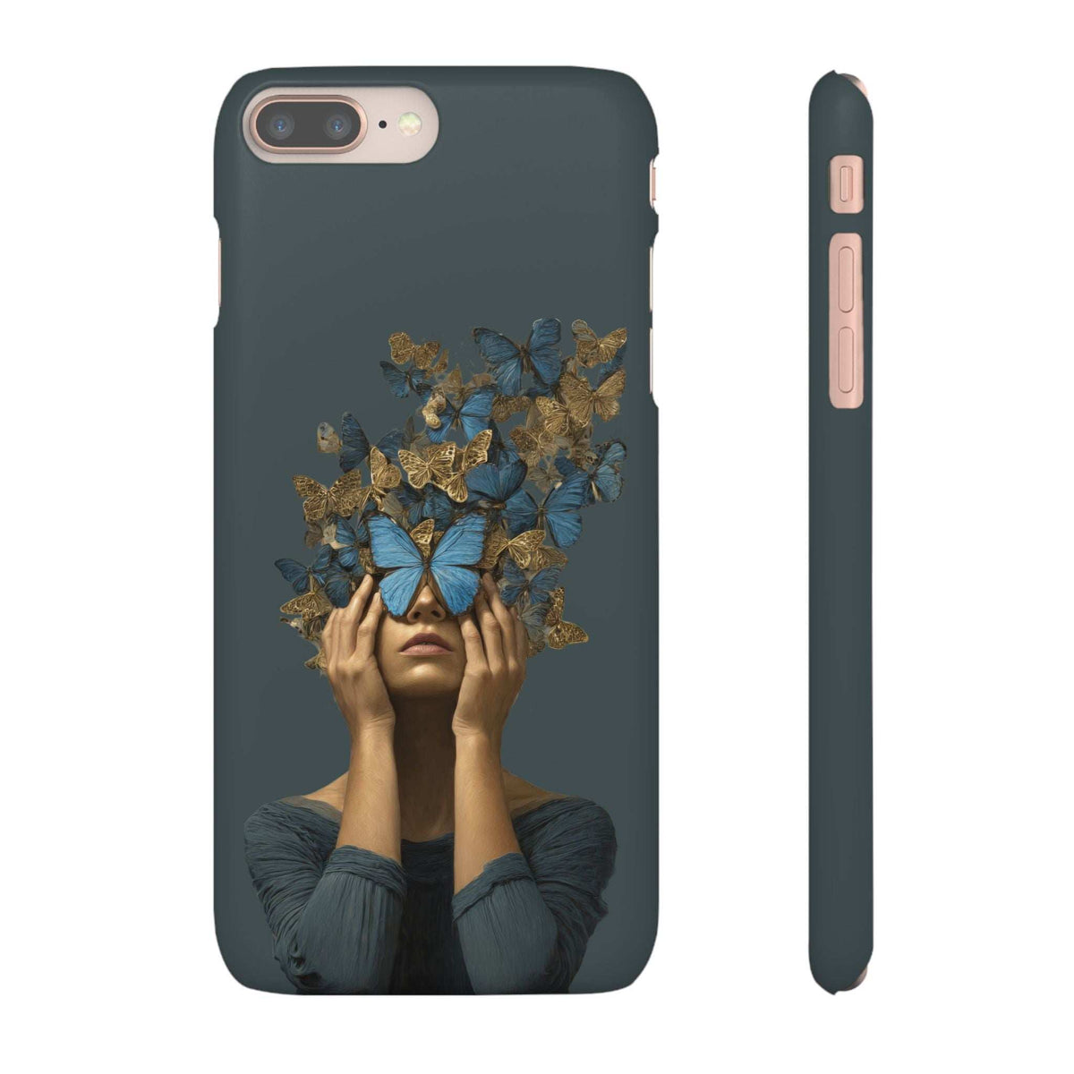 Dark gray phone case with butterfly crown portrait, plus visible side profile buttons