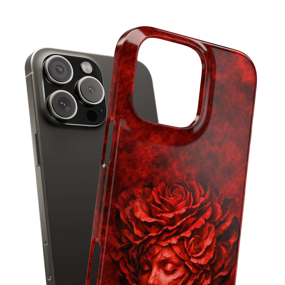 Slim phone case with red rose-girl artwork, camera lenses and side cutouts
