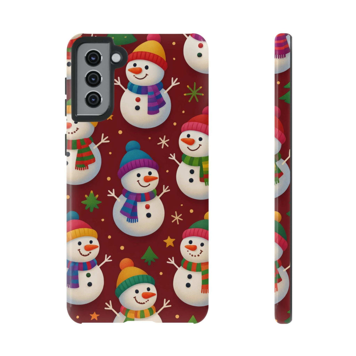 Glossy phone case back and side view with festive snowmen, trees, and star shapes