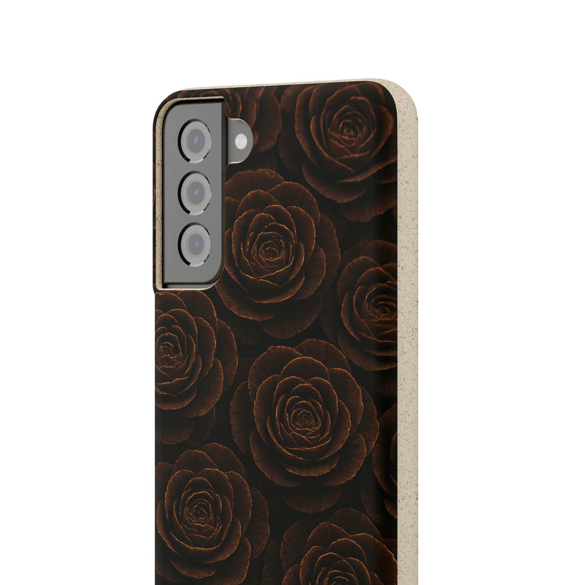 Phone case with dark rose floral pattern and camera cutouts for iPhone