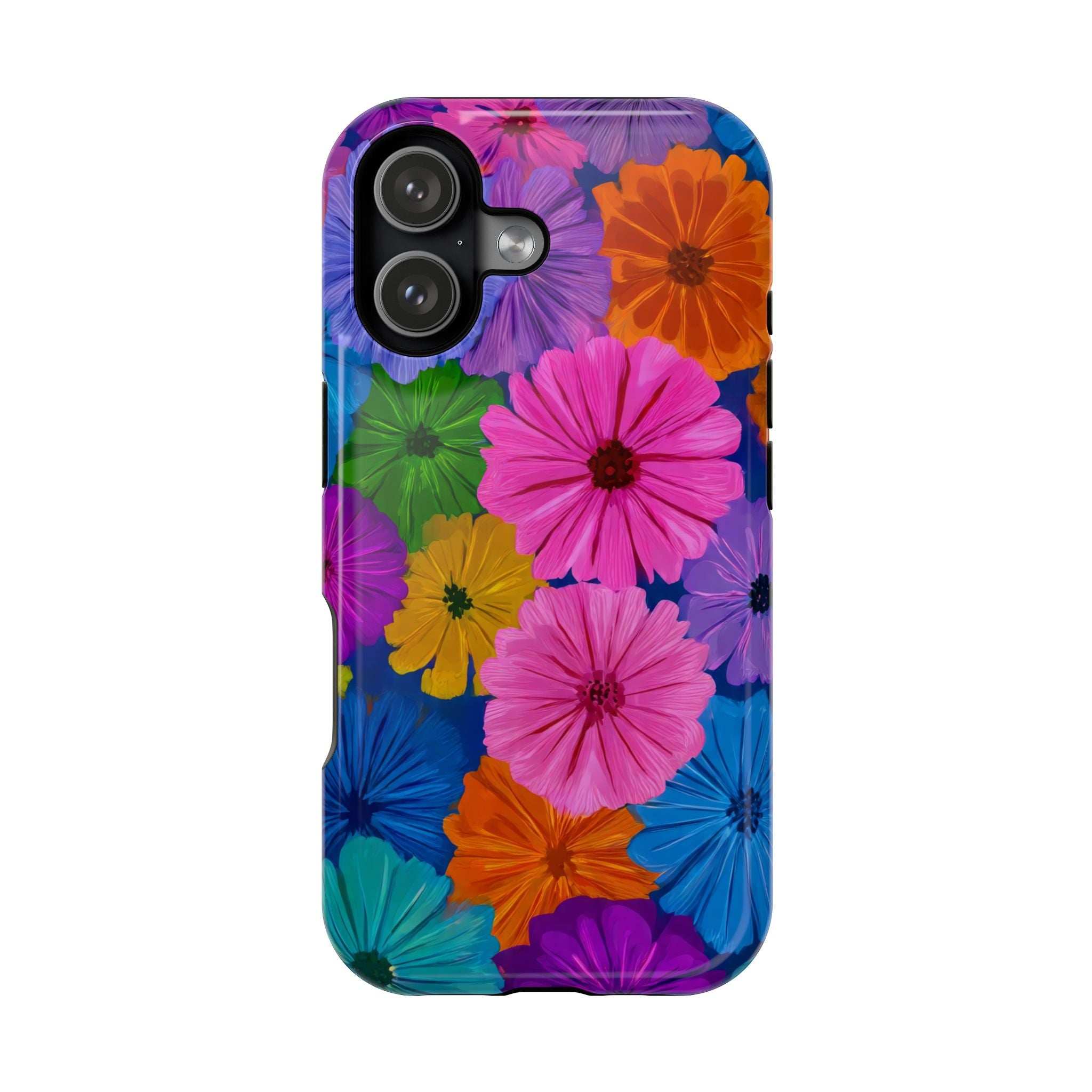 Vivid flower pattern phone case with multicolor blooms and raised camera area