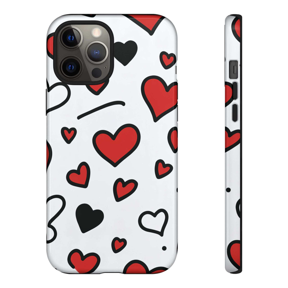 White phone case with scattered red, black, and white hearts; camera and button cutouts