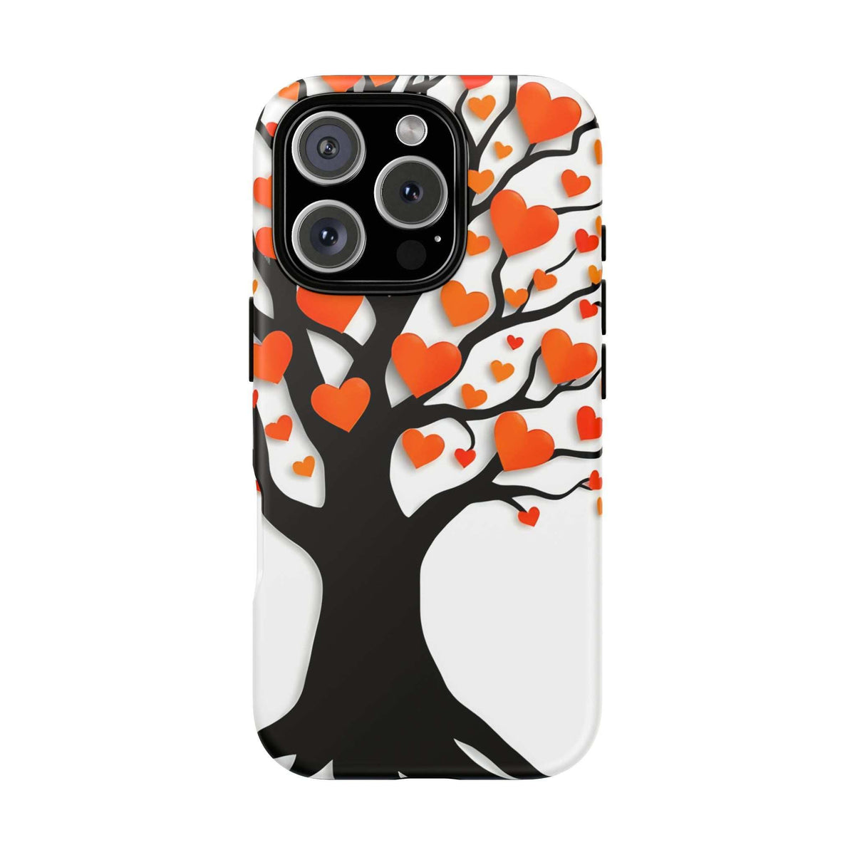 Heart tree phone case with orange hearts on white and black, quad camera cutouts