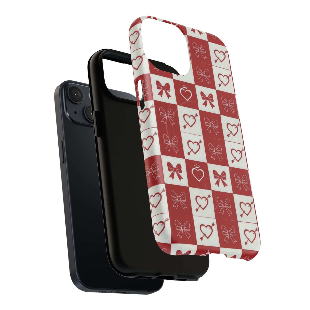 Red and white checkered phone case with hearts and bows, visible camera opening and buttons