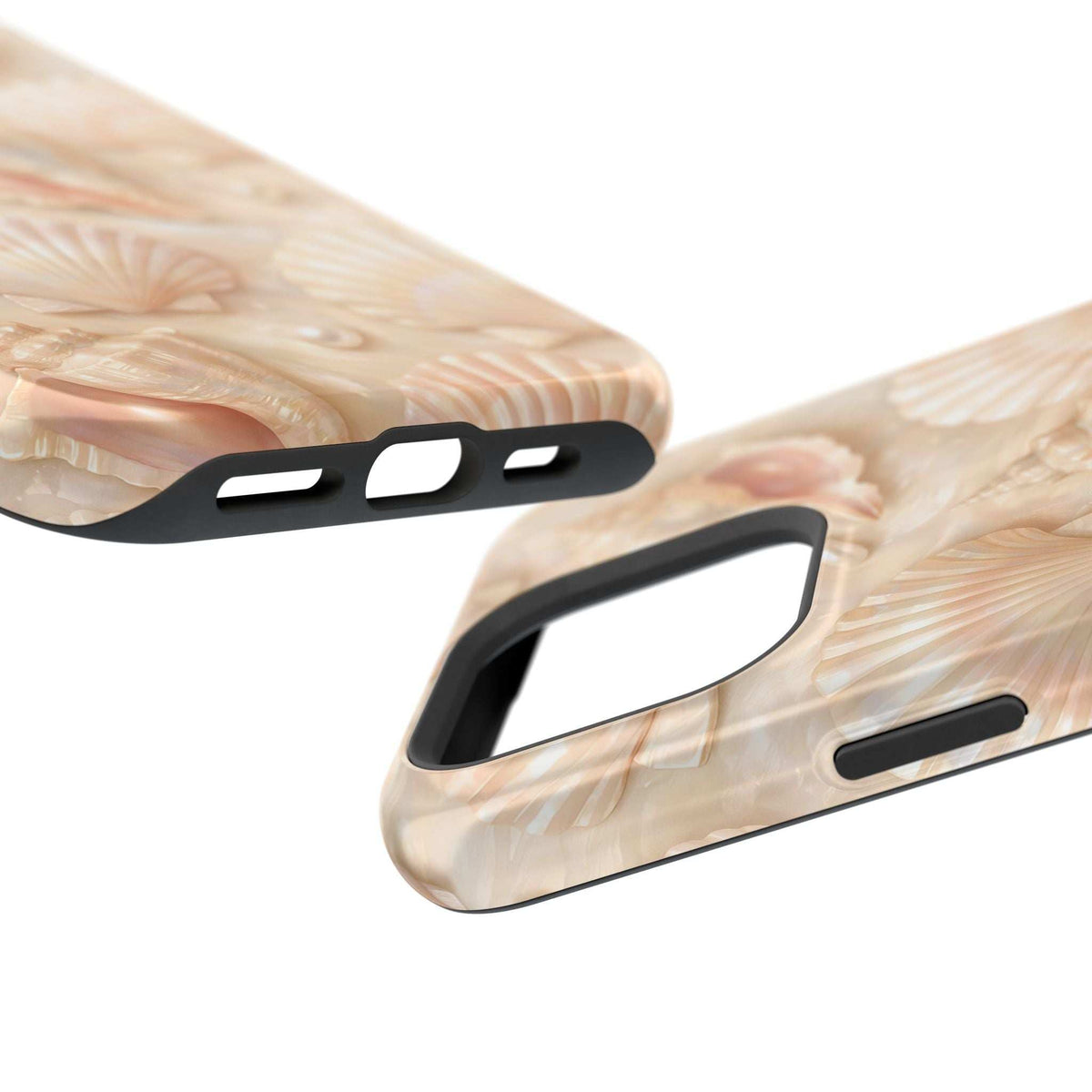 Beige seashell phone case with side button cutouts and MagSafe camera area