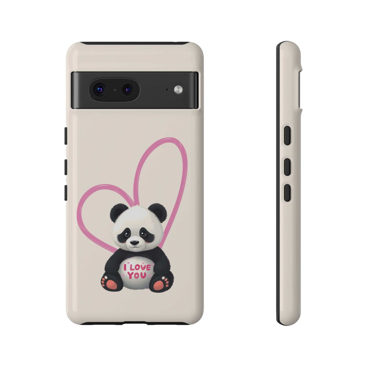 Cream phone case back with panda in pink heart and open side cutouts