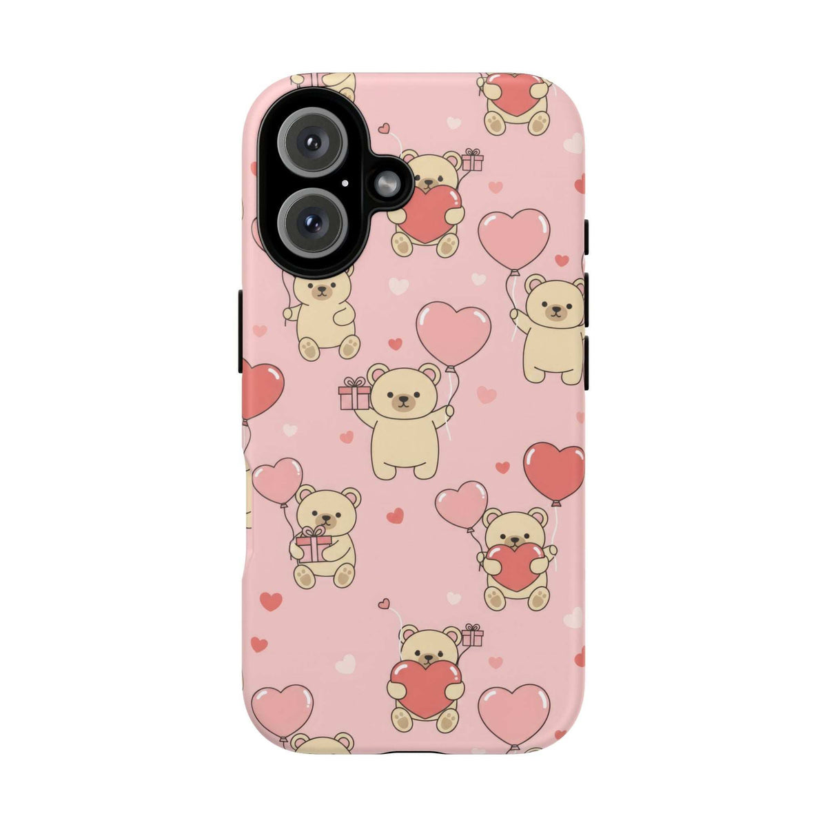 Pink phone case with teddy bear characters, hearts, and camera opening