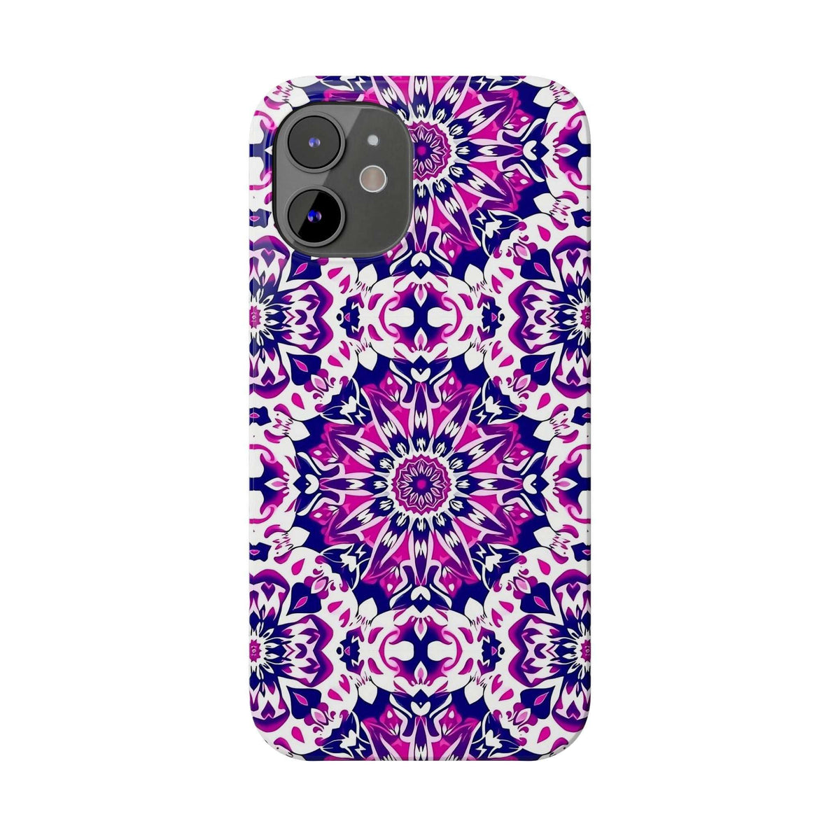 Purple and white mandala phone case with camera cutouts on iPhone-sized shell