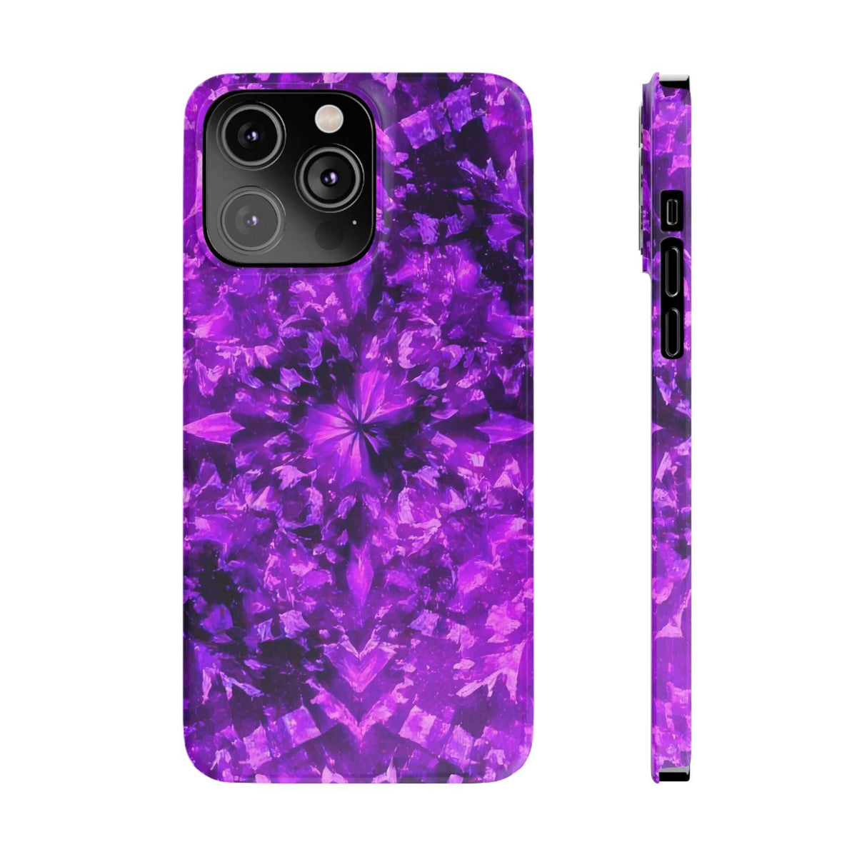 Purple kaleidoscope phone case with starburst pattern; side edge shows port openings