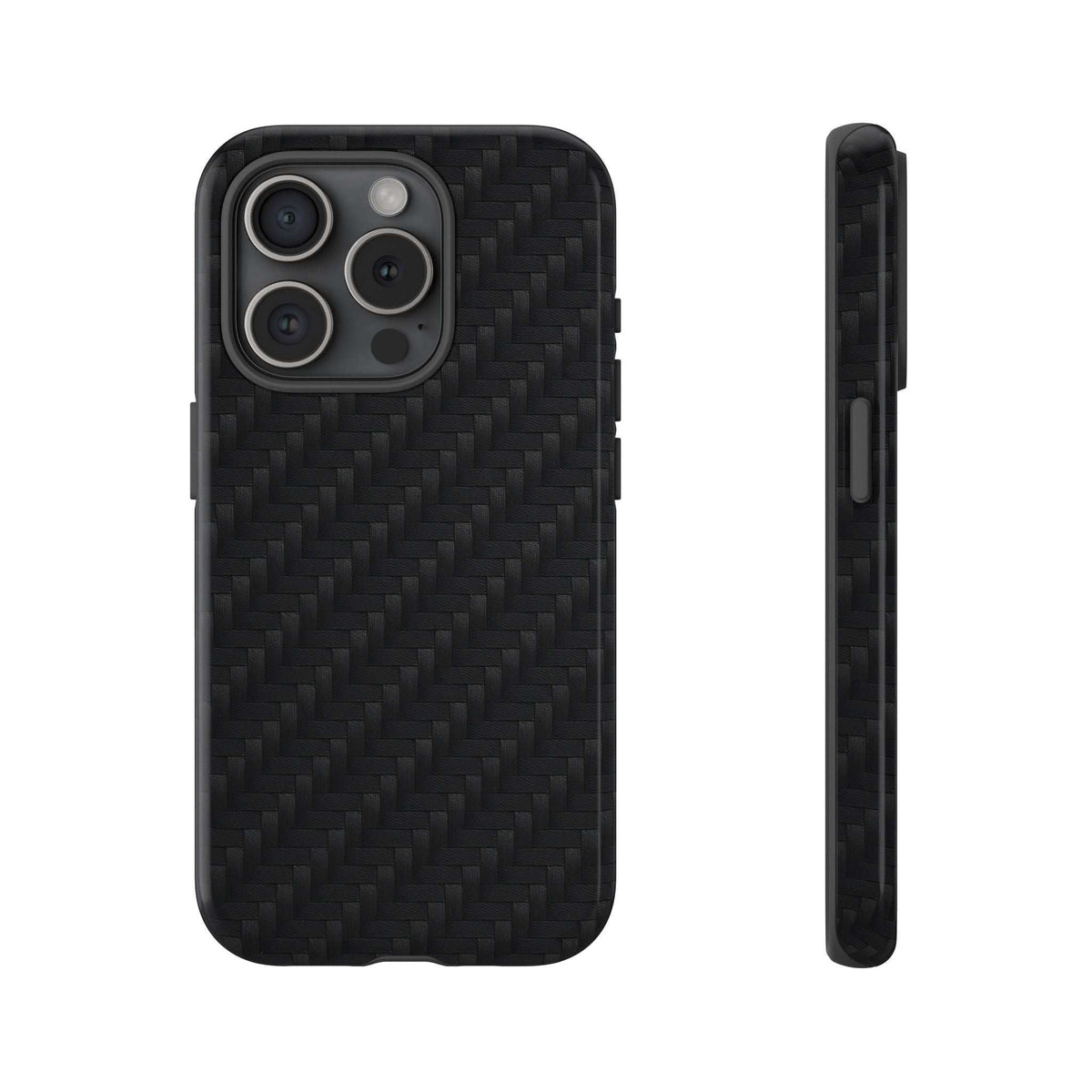 Black carbon fiber phone case with camera cutouts and textured pattern, front and side view.