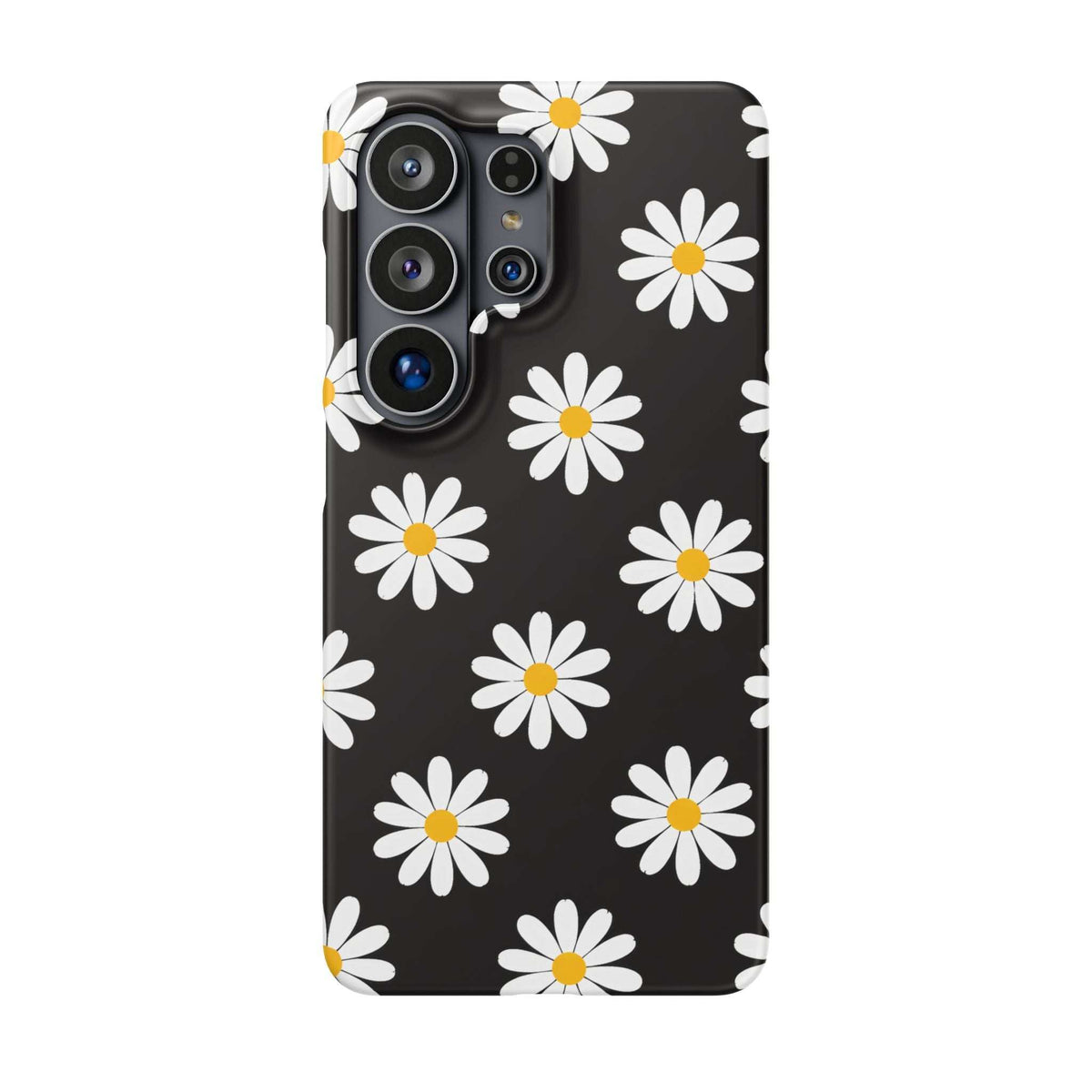 Black phone case with daisy pattern and yellow centers; cutouts for 4 camera lenses