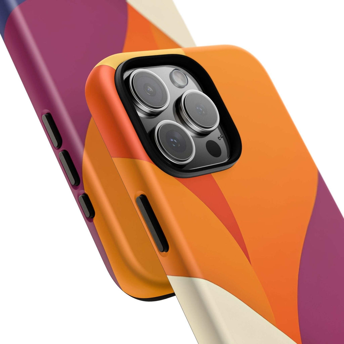 Phone case with abstract orange, purple, and cream waves; side button cutouts