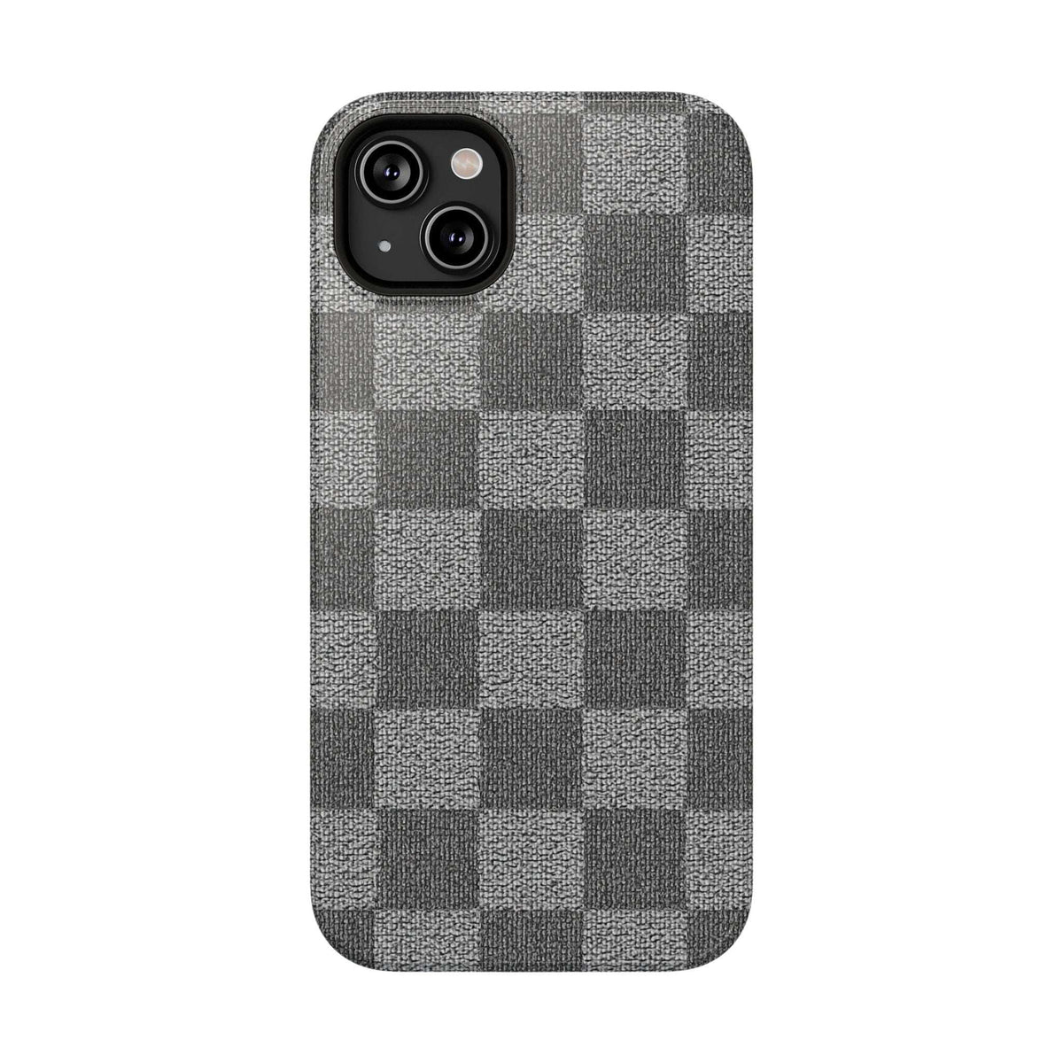 Gray checkered phone case with fabric texture; dual camera cutouts on rear