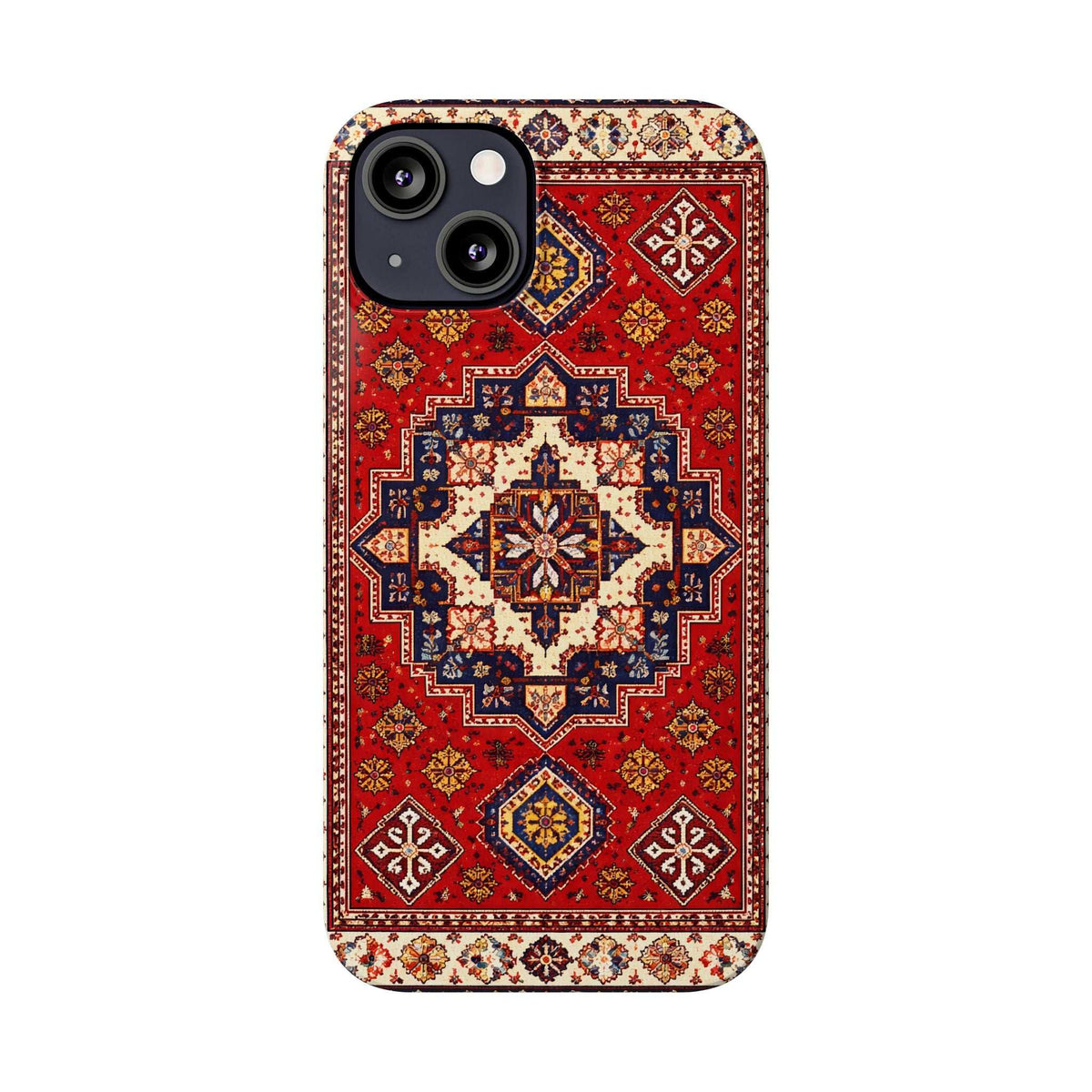 Red ornamental patterned phone case with camera openings and textured border details.