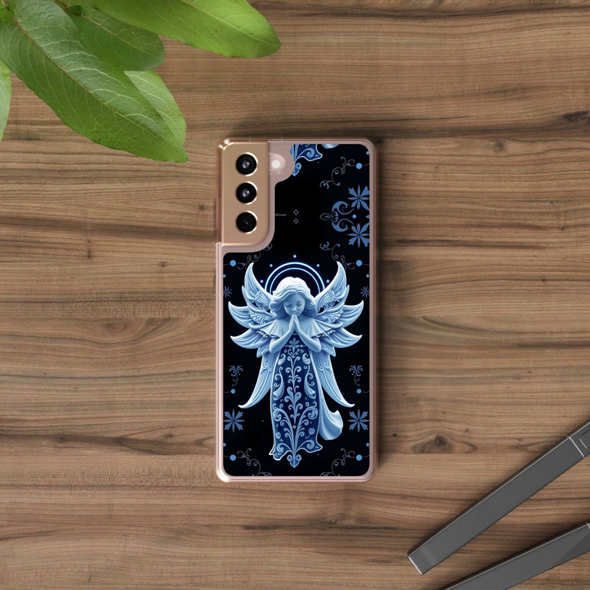 Clear iPhone/Galaxy phone case featuring blue angel with ornate swirls