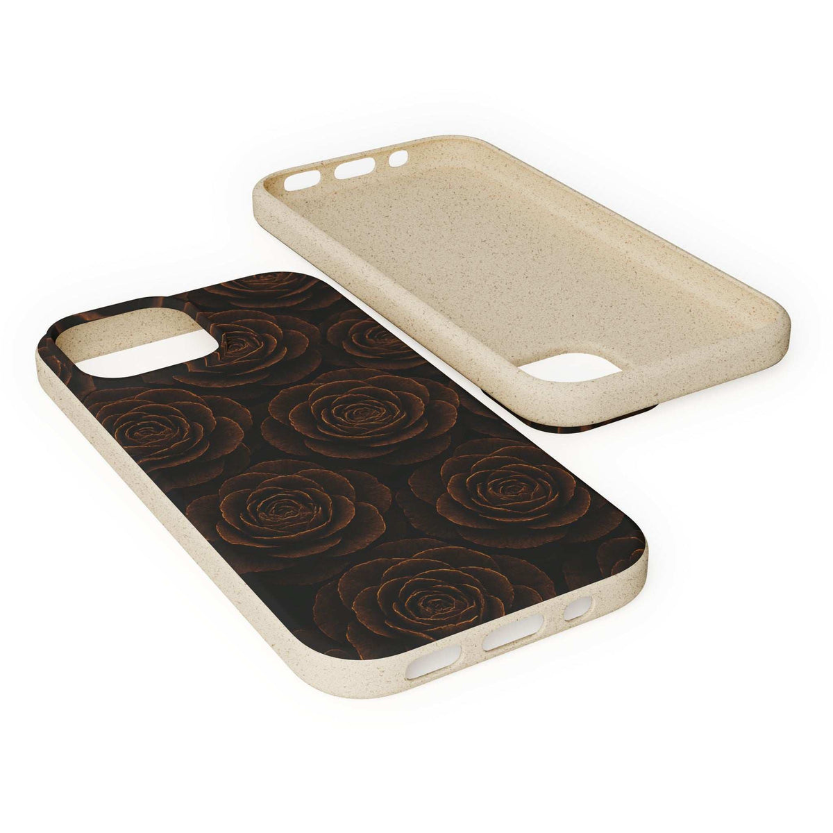 Beige phone case featuring dark spiral rose artwork with camera and charging cutouts