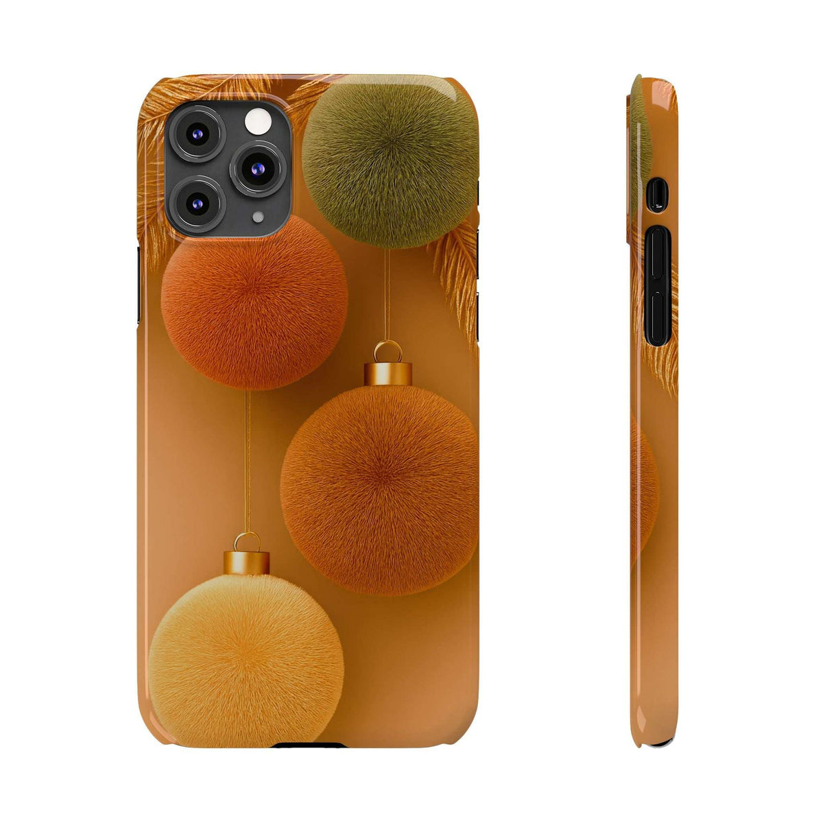 Phone case front and side view with orange pom-pom ornaments; camera cutout and port openings.