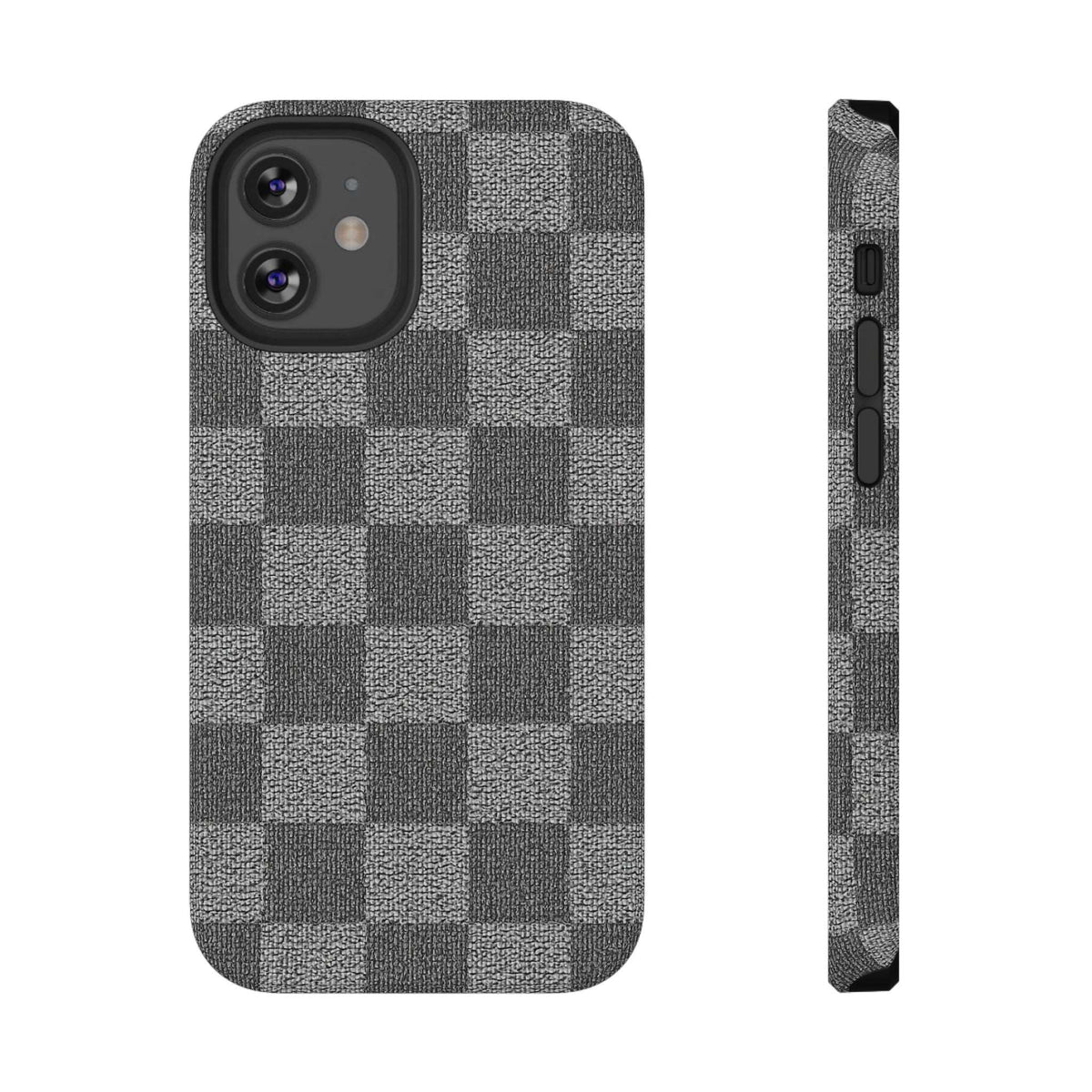 Gray checkered phone case shown front and side, with side button cutouts