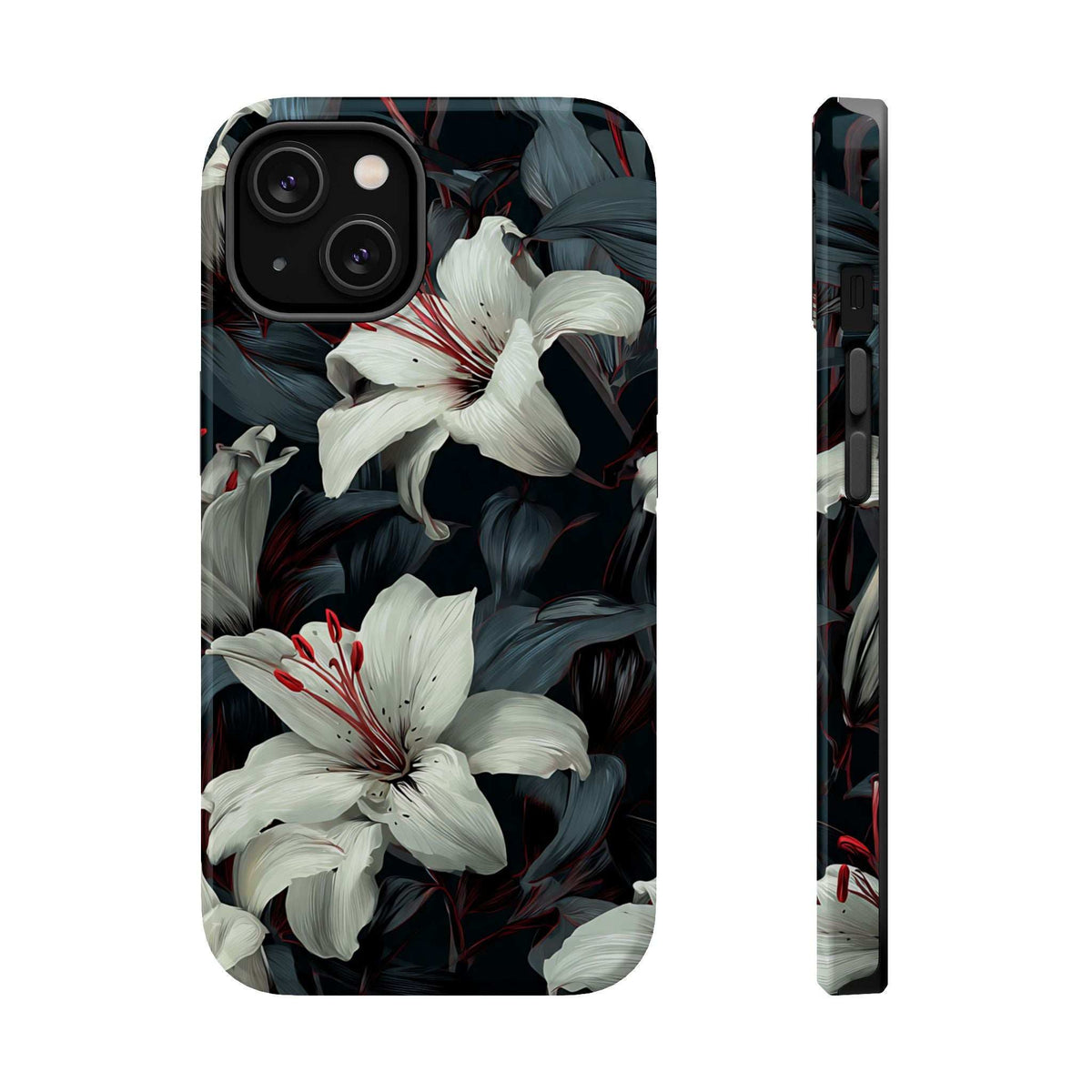 Phone case front view with white lilies and dark leaves, side buttons and camera cutout