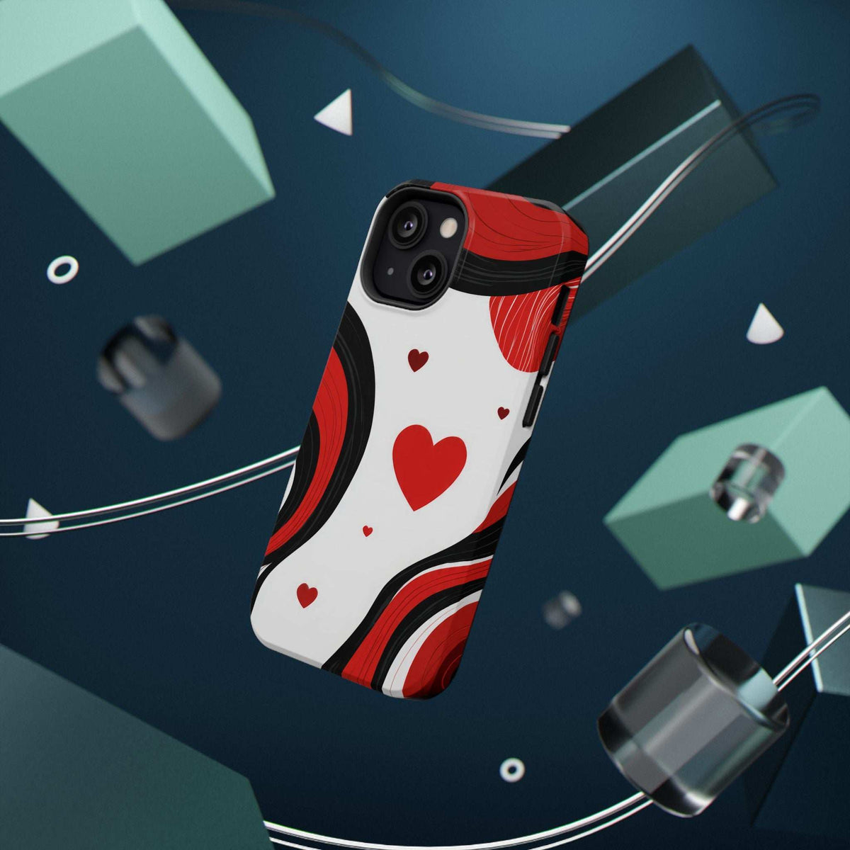 Phone case with red and white heart design over black swirls; back dual camera view