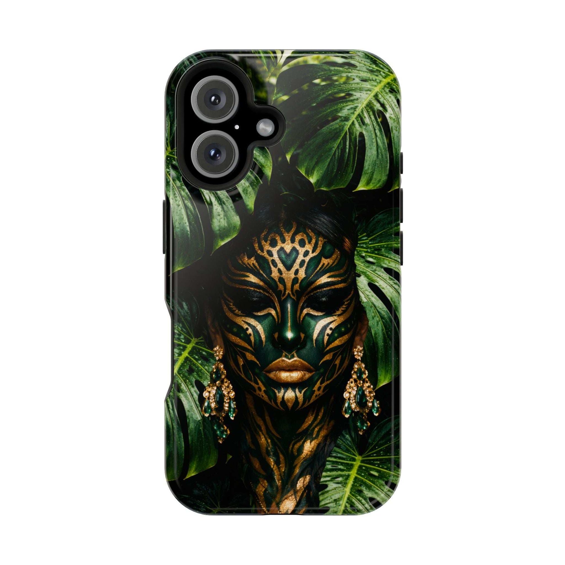 Jungle leaf and gold face phone case with detailed headdress, side grips and camera openings