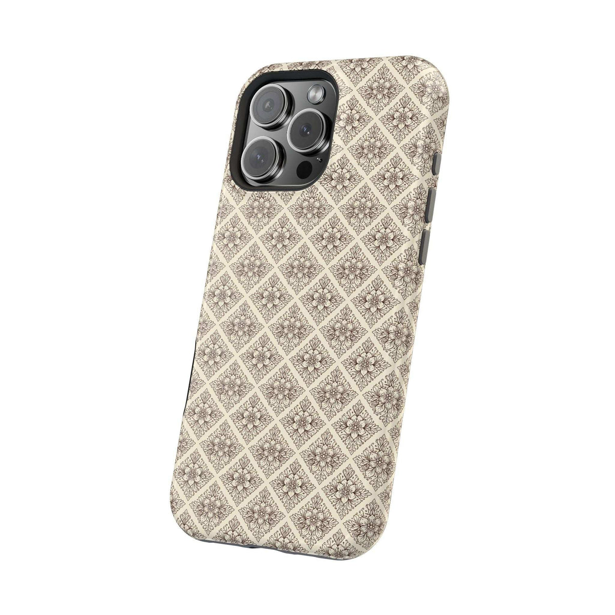 Beige ornate phone case with diamond pattern and camera cutout, blue key graphic.