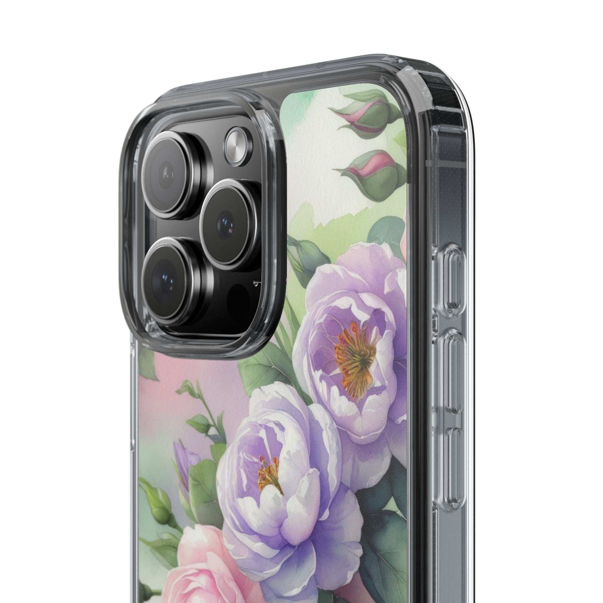 Clear floral phone case side view with protective bumper and purple flower pattern