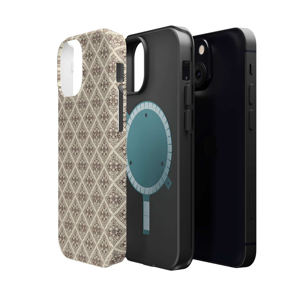 Ornate beige phone case with geometric pattern and blue key graphic, camera cutouts.
