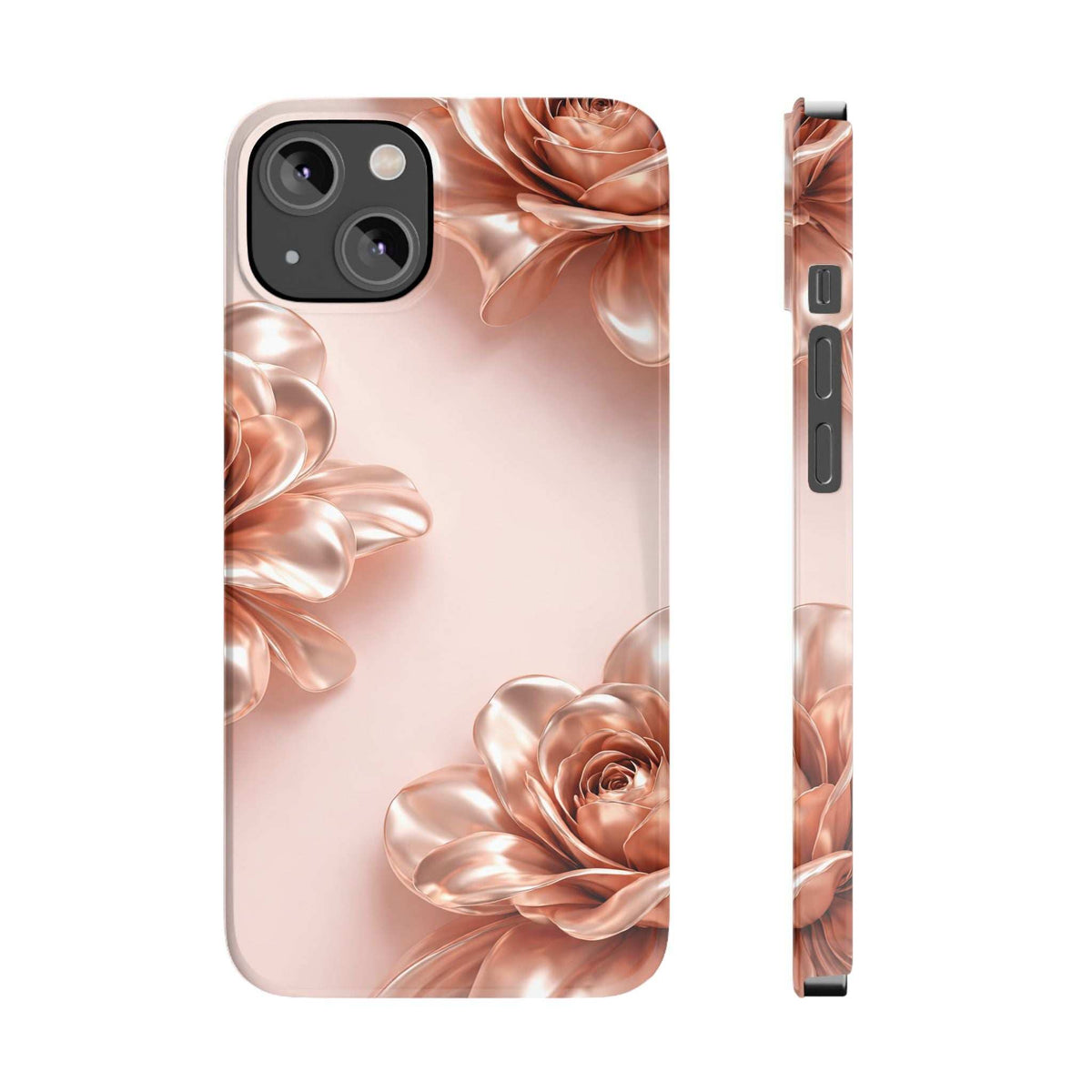 Blush pink phone case with metallic rose-flower design, front and side view