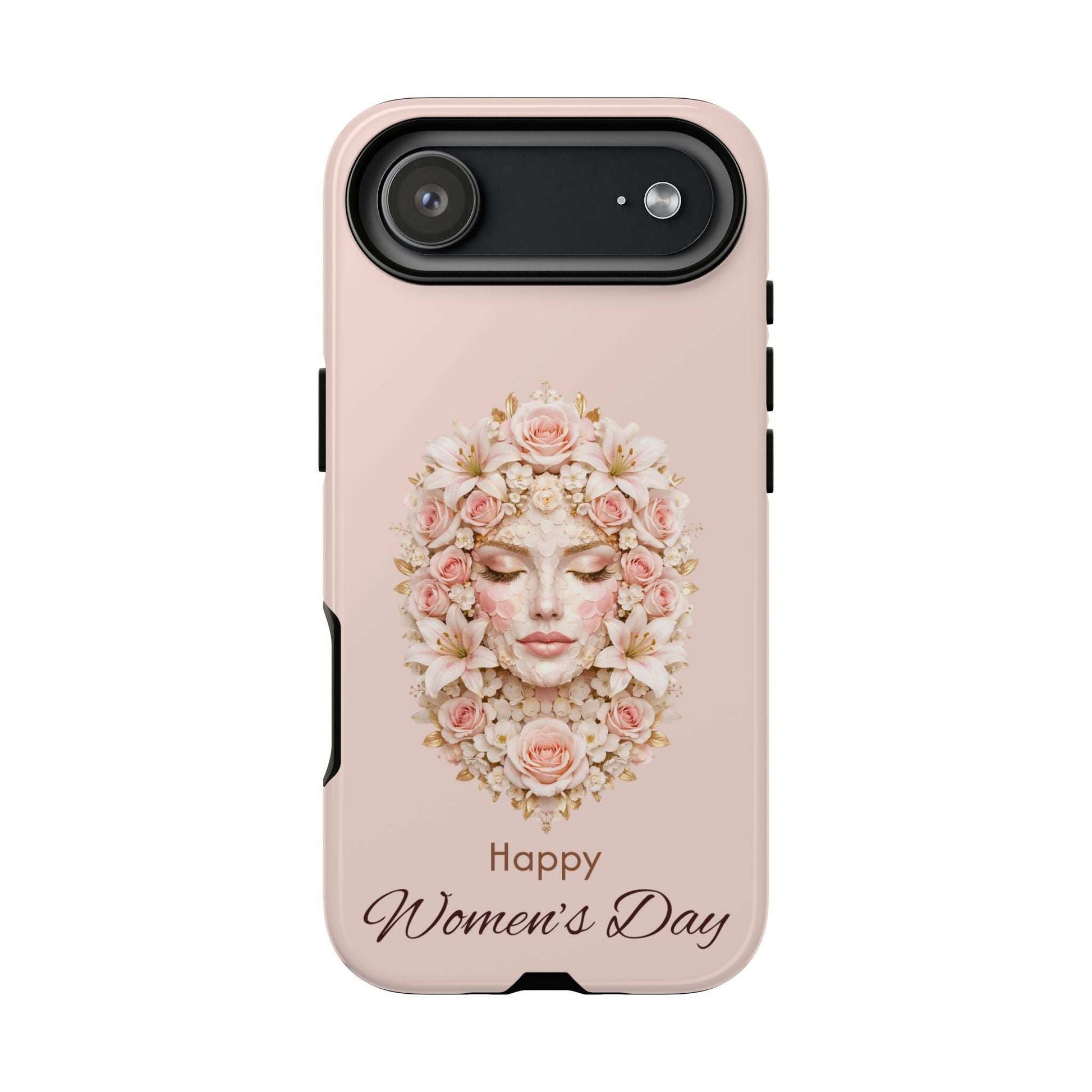 Light pink phone case with floral woman design, 'Happy Women's Day' and camera cutouts