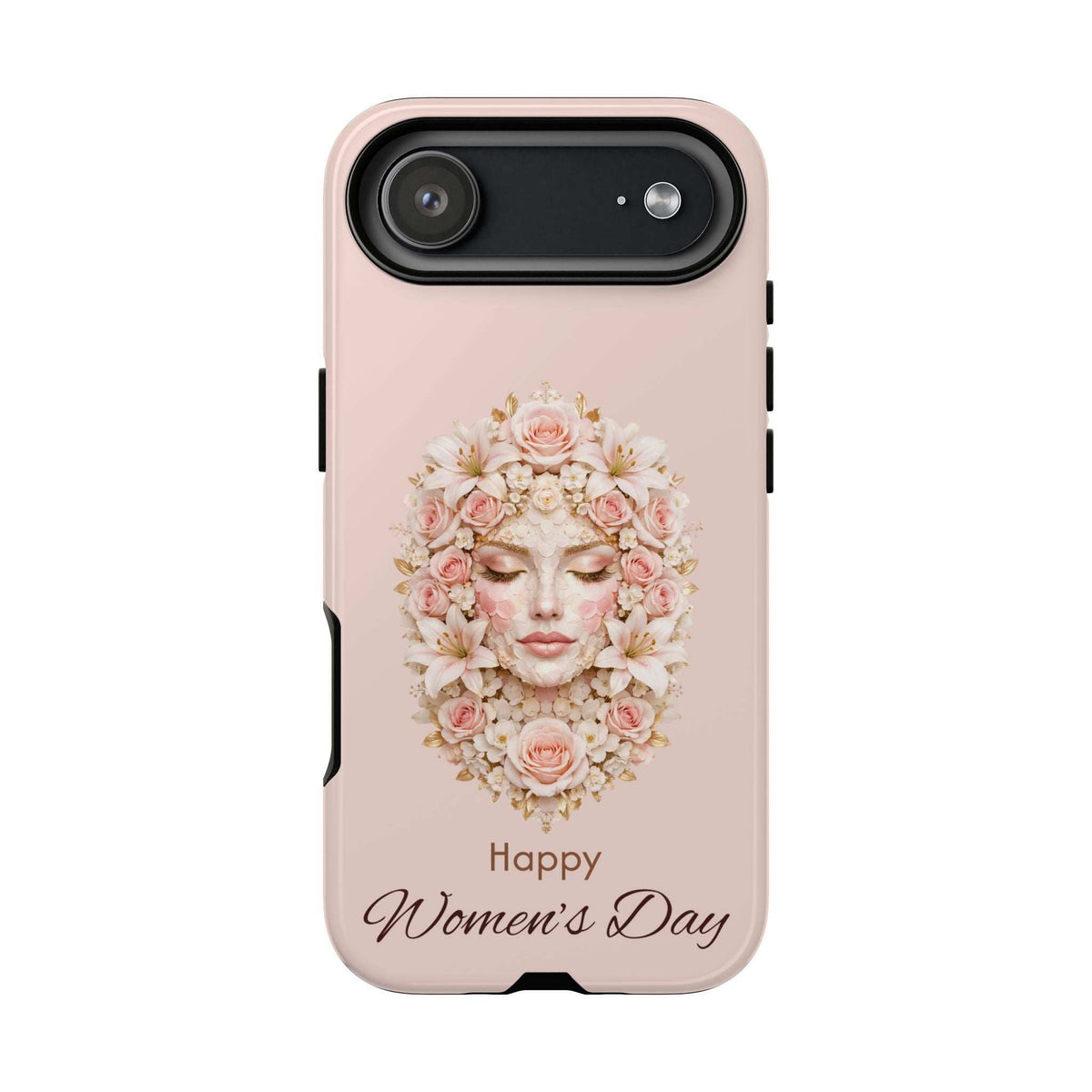 Light pink phone case with floral woman design, 'Happy Women's Day' and camera cutouts