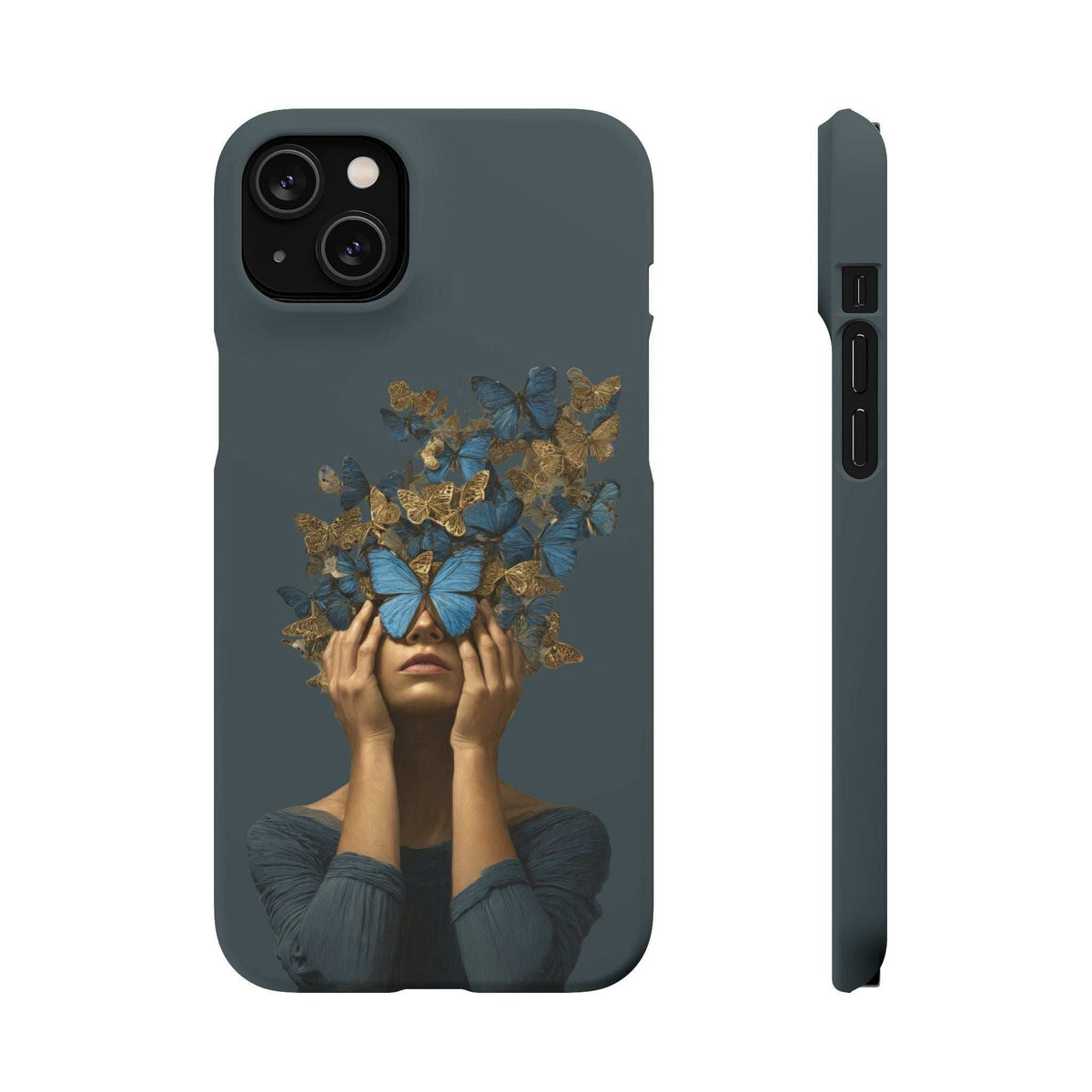Dark gray phone case with gold-and-blue butterfly face print; camera openings and side profile.