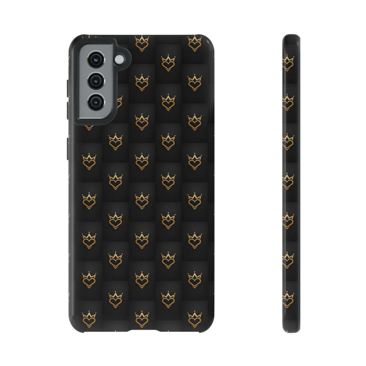 Glossy black phone case with repeating gold crowns and hearts, slim side view