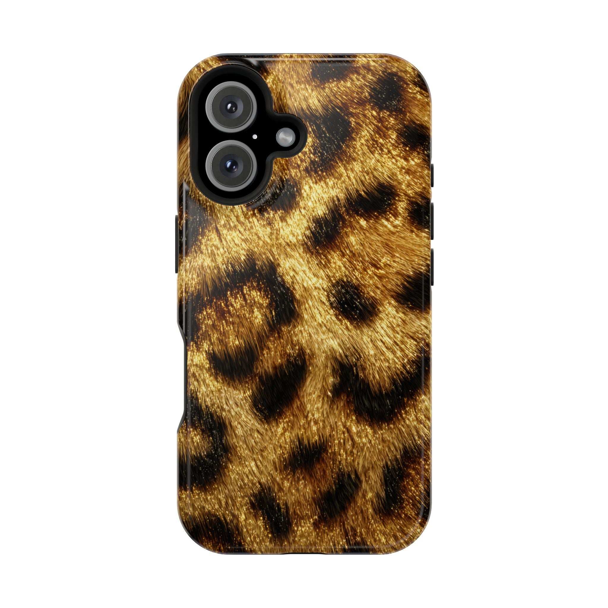 Glossy leopard print phone case with gold and black pattern and raised multi-lens camera area.