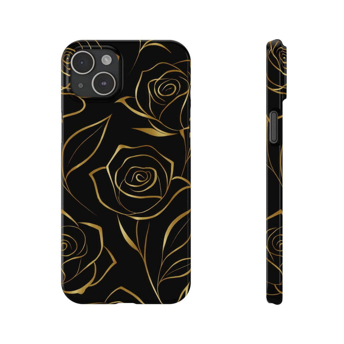 Black phone case with gold rose line art, shown front and thin side edge.
