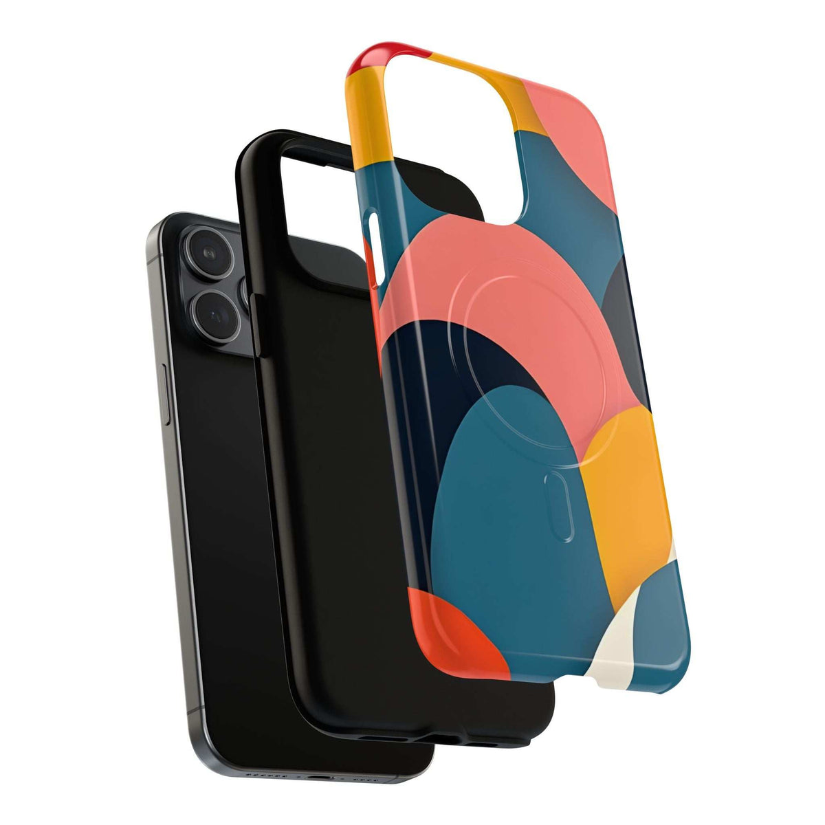 Colorful abstract phone case with camera cutout; layered coral and blue forms on dark base.