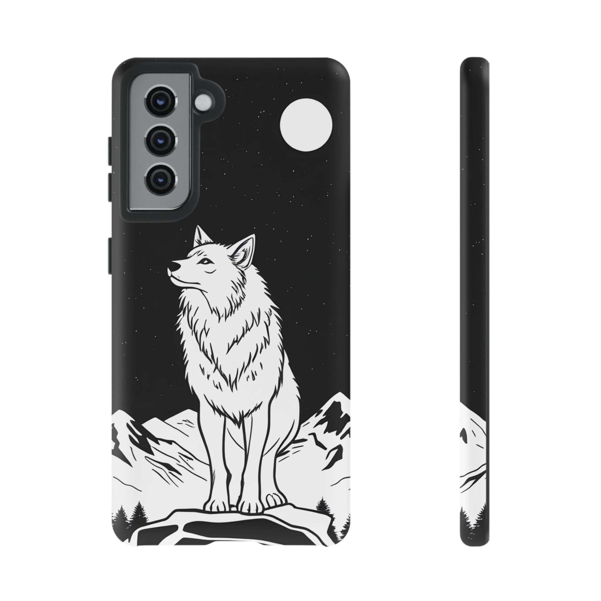 Black phone case with white wolf illustration, starry night pattern, triple camera cutout