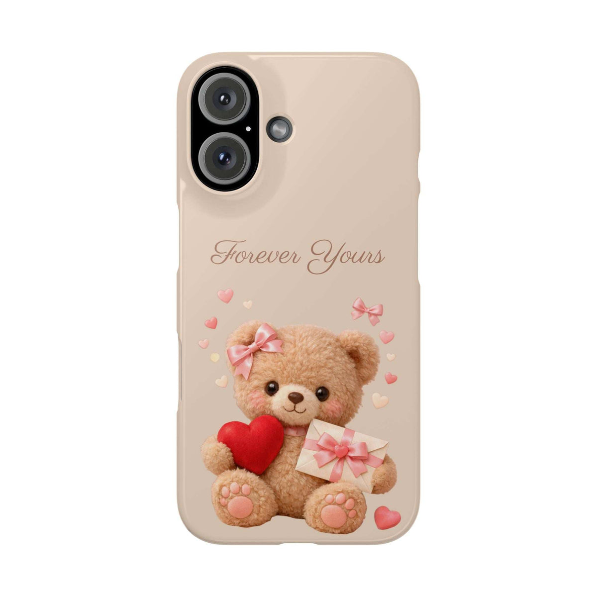 Beige phone case with teddy bear holding a red heart and gift; back design close-up.