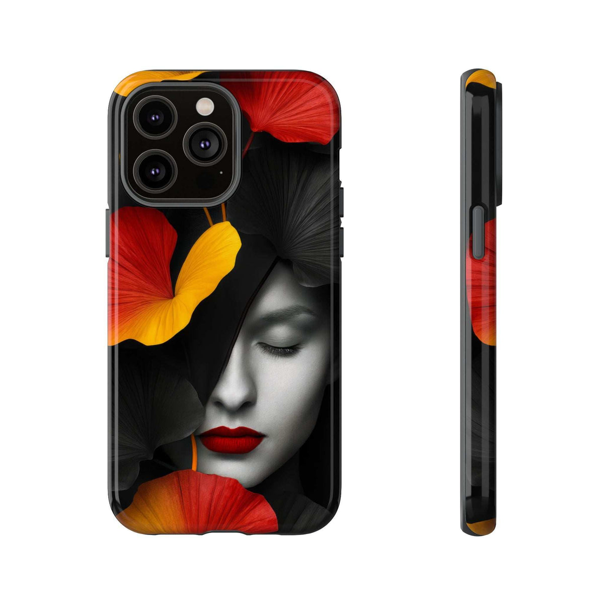 Glossy phone case with black portrait and red/yellow flowers; camera cutouts.