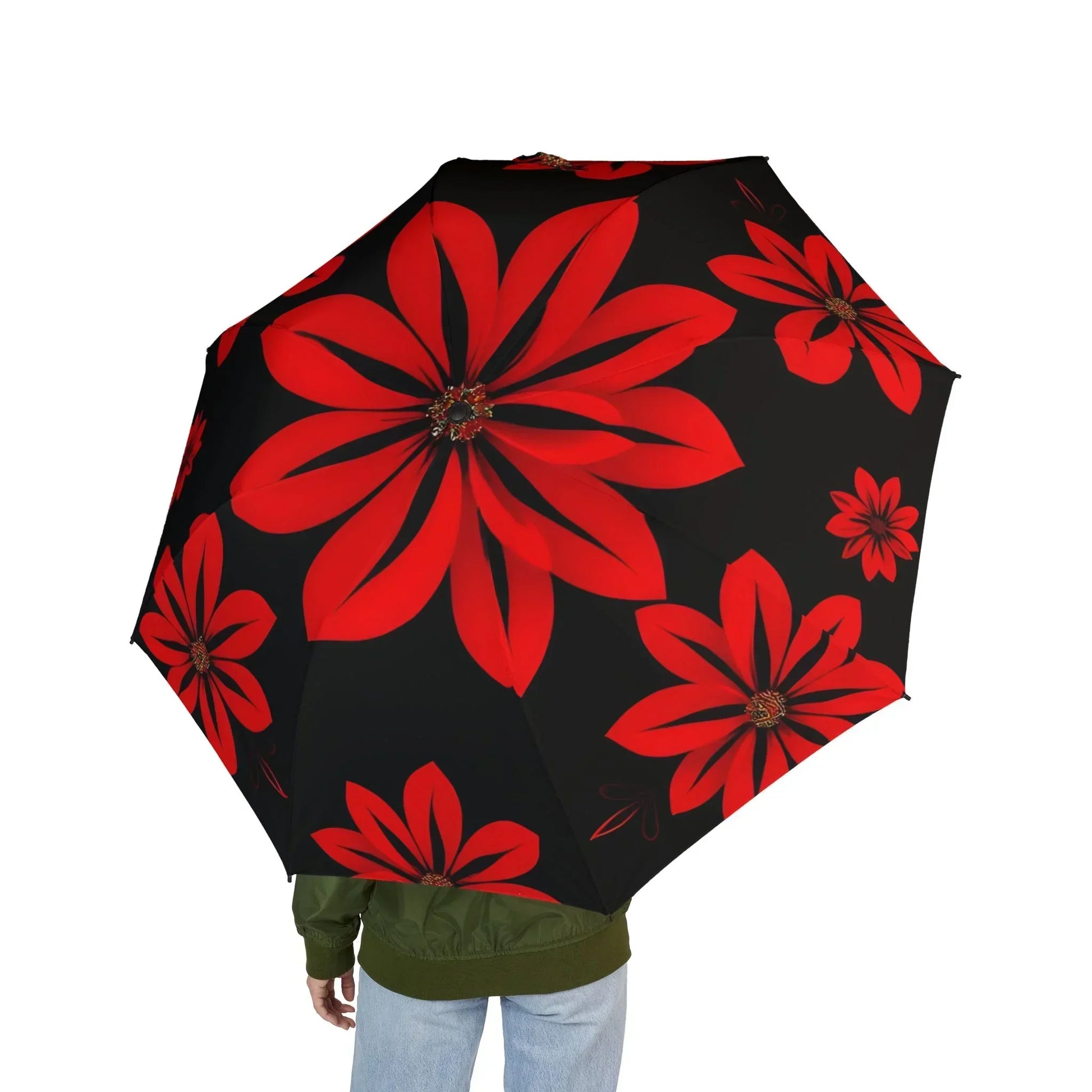 Vibrant Red Floral Design Elegant Semi-Automatic Foldable Umbrella - KarArmDesign
