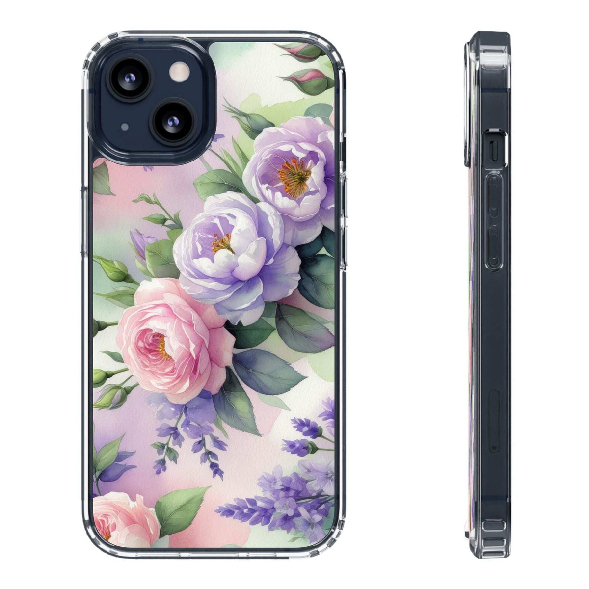 Clear floral phone case front view with side profile; purple and pink rose arrangement