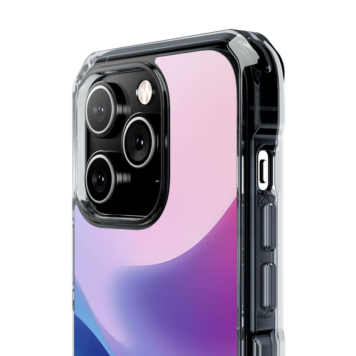 Pastel wave phone case showing side grip and raised camera cutouts in clear frame.