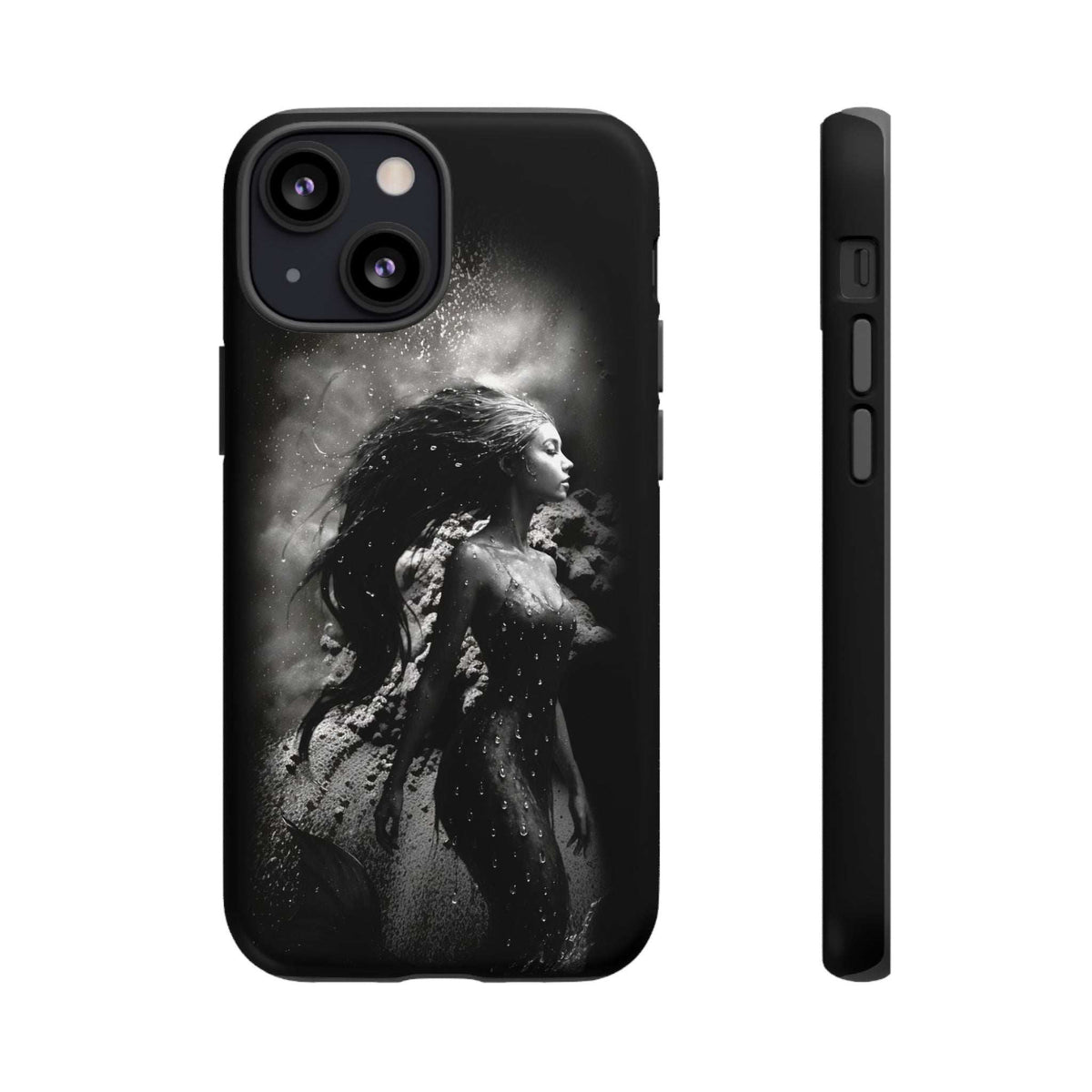 Black phone case with monochrome mermaid graphic; side profile and front camera openings
