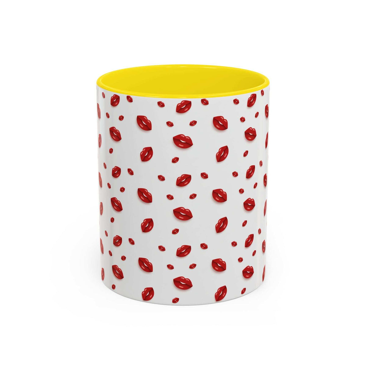 Ceramic coffee mug with red lips pattern and yellow interior rim